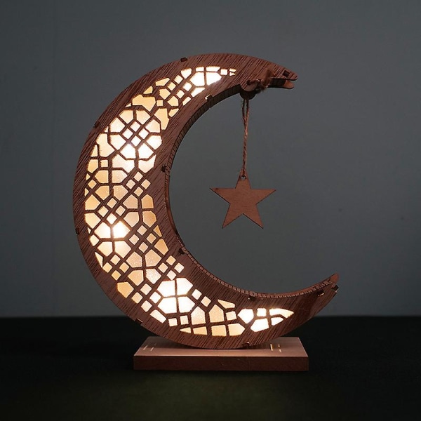 Ramadan LED-dekorasjon, muslimsk LED-måneornament i tre, halvmåneornament