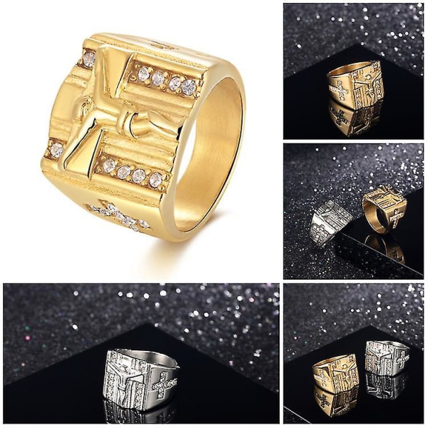 Wabjtam mäns Ring Cross Ring Pläterad 18 k gult guld Jesus inläggningar diamantsmycken