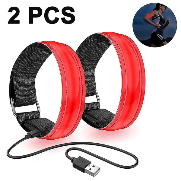 2-pakke løpelys for løpere Oppladbart LED-armbånd reflekterende rødt