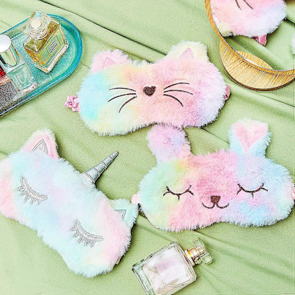 Plush Sovmask 3-pack Mjuk Rolig Ögonbindel Katt Sovmask Djur Sovmask för Barn Flickor och Vuxna Resor (Kanin, Katt