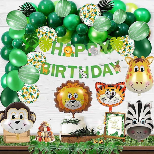 Djungeltema Festdekorationer, Grattis På Födelsedagen Banner Med Latexballonger Och Safari Djungeldjur, Festballonger Djungeltema För Födelsedag