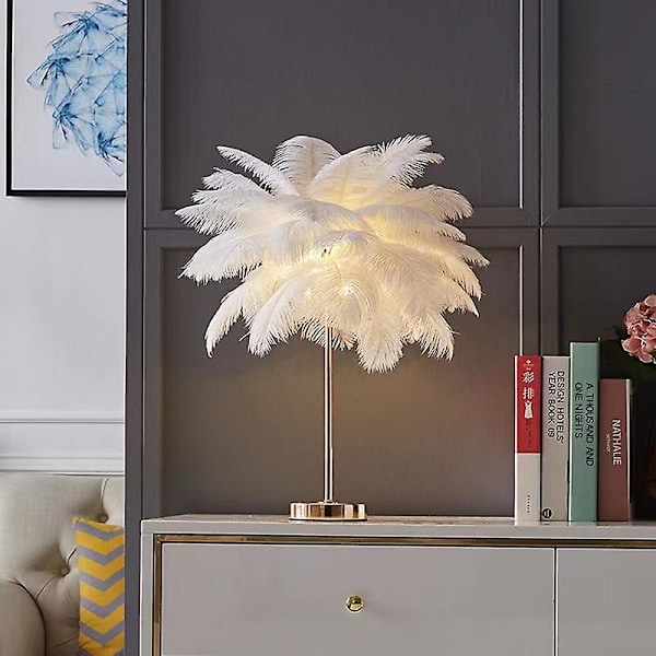 Beröringskänslig bordslampa, strutsfjäderlampa 3 färger dimbar med 30 fjädrar för sovrum (vit)
