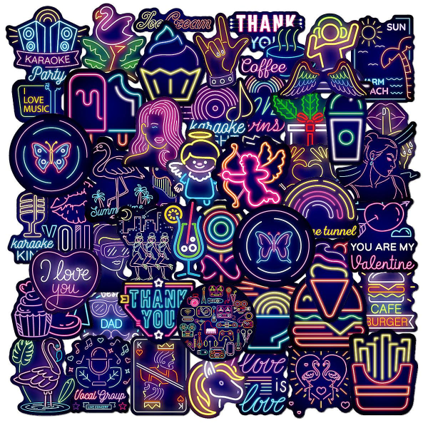 Neon Stickers Pack, 50 stk Vandtætte Vinyl Stickers til Hydro Flask, Laptop, Telefon, Computer, Guitar, Bagage, Skateboard Stickers til teenagere, piger, børn