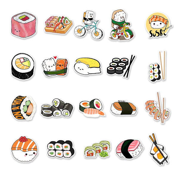 50 kpl sushi-tarroja vesipulloon, kannettavaan tietokoneeseen, rullalautaan, matkatavaroihin, kitaraan, autoon, moottoripyörään, pyörään, vinyyli, vedenpitävä rulla riisitarrapakkaus, sopii teini-ikäisille