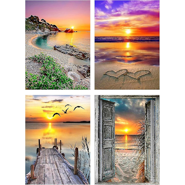 4-pack Diamantmålningskit för Vuxna Nybörjare, rund Full Borrning Havsutsikt Solnedgång Landskap Ädelstenskonstkit, Hemväggdekor 25 x 35 cm
