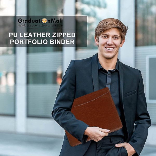 Zipped Padfolio Portfolio Perm, Pu Leather Business Portfolio Intervjumappe for menn/kvinne med utklippstavle i A4-størrelse（Brun）
