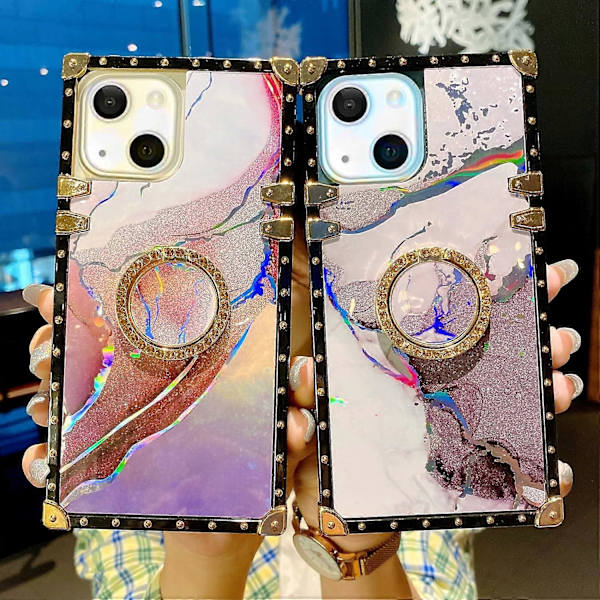 iPhone 13 6.1\" Transparent Skal för Tjejer Marmormönster TPU Lyxigt Skal Stötsäkert Skyddande Robust Passar Apple med Ringstativ Kvadratisk Design - Lila