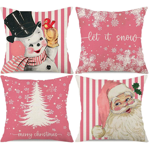 Rosa Randiga Tomte Jul Kuddfodral 18x18 Set Om 4 Snögubbe God Jul Träd Låt Det Snöa Snöflinga Vinter Semester Dekoration
