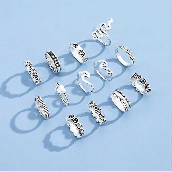 13 st Boho-ringar i silver, knogringar, statement-ormringar, set för tonårsflickor, Fesvital smycken, Halloween-fest, julklapp