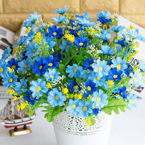Blå silkesblommor, 6-pack konstgjorda hängande blommor för trädgård, syntetiska prästkragar i staketkrukor för hem- och bröllopsdekoration, ingen sol