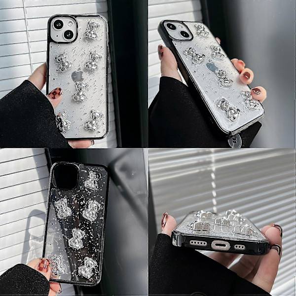 iPhone 13 Pro Skal Söt Björnunge 3D Glimmande Y2K Glitter Lyxig Flickig Estetisk Personlig Design för Kvinnor Flickor Transparent Epoxiplast TPU Skal
