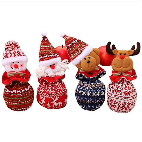 4 Julklappsaskar för Barn, Stickade Ylle Äppelpåsar, Julafton Godispåsar, Presentpåsar