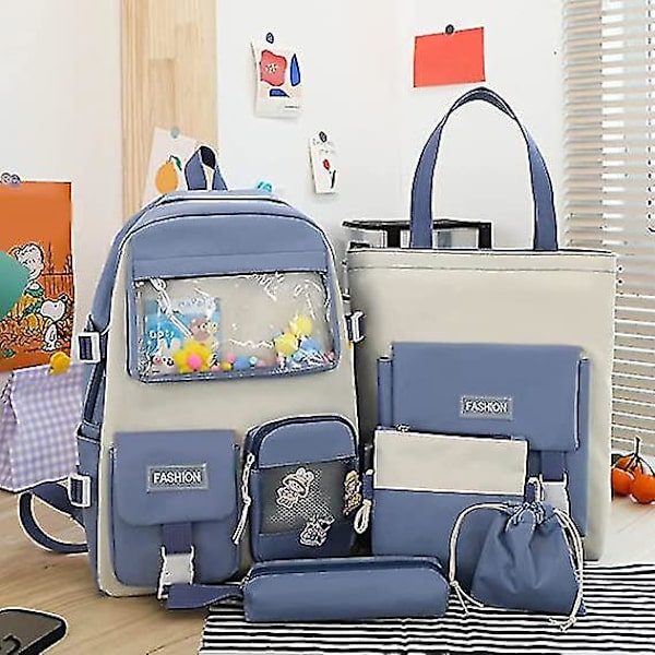 1pc5pcs sæt Kawaii rygsæk med Kawaii pin og tilbehør, søde børns rygsække store kapacitet lærred skole tasker