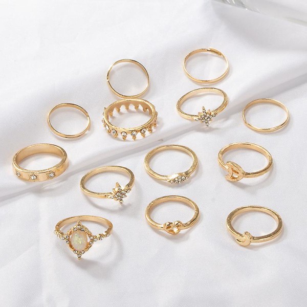 13 stk Ringer Gull Bohemian Ringer For Jenter Vintage Gem Krystallringer Joint Knot Ring Sets