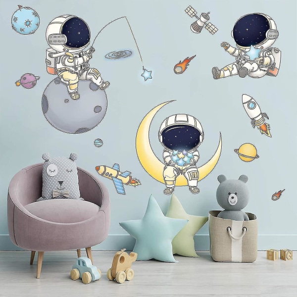 Astronaut seinätarrat pojille makuuhuoneeseen, sarjakuva Spaceman Outer Planet Creative Diy Art Vinyyli irrotettava seinätarra, tähti-avaruusalus Ufo Glaxy taustakuva