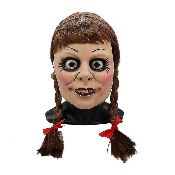 Halloween Annabelle Doll Skräckmask Cosplay Klänning Skrämmande huvudbonader Rekvisita Accessoarer Gift_s