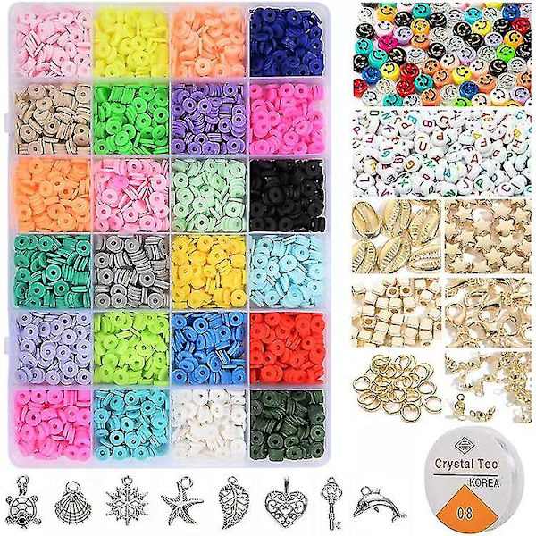 3000 st Lerlera Pärlor för Smyckestillverkning, 24 Färger Spacer Heishi Pärlor Platta Runda Polymerlera Pärlor med Bokstavspärlor Smil