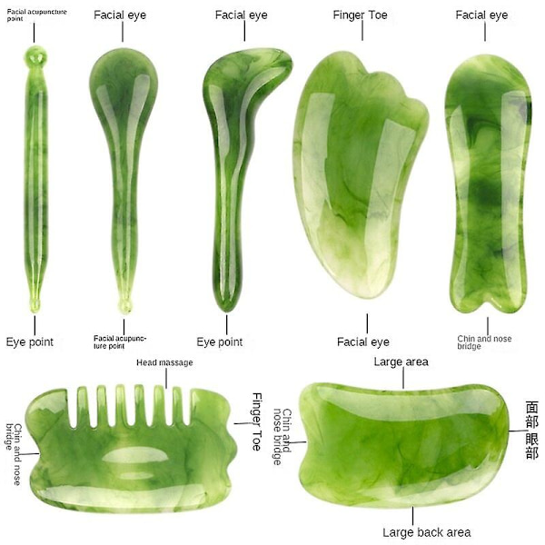 7-delt Gua Sha massasjesett, Gua Sha-massasjesett i naturlig harpiks for ansikts-, rygg- og nakkeavslapping, lindrer muskelsmerter - Snngv