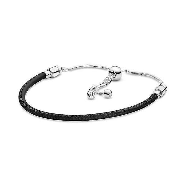 Moments Dame Sterling Sølv og Læder Kubisk Zirkonia Læder Armbånd til Charms