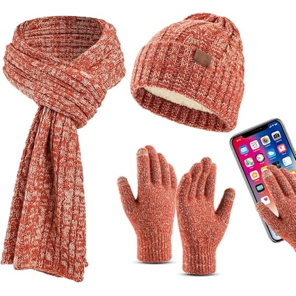 3 stk. Vinter Beanie Hat Scarf Touchscreen Handsker Sæt til Mænd og Kvinder, Beanie Handsker Halsvarmer Sæt med Varmt Strikket Fleeceforet (Rød)