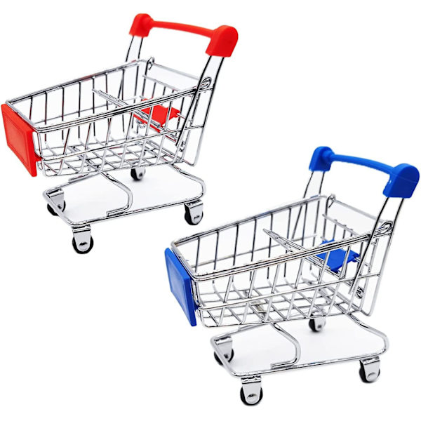 2 st Mini Shopping Cart Supermarknadsvagn Shopping Utility Cart Mode Lagringsleksak, Blå och Röd