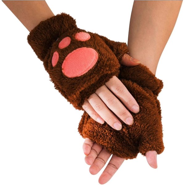 Plys imiteret pels kattepote flip luffer varme konvertible fingerløse handsker til kvinder Sød tegneserie bjørnepote（brun）