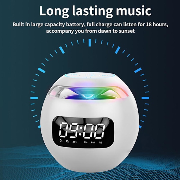 Bluetooth-kompatibel 5.0-högtalare med LED-digital väckarklocka musikspelare trådlös bollformad klockhögtalare Mini Bt-högtalare（vit）