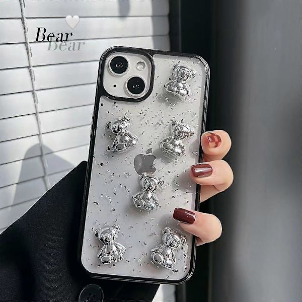 iPhone 13 Pro Skal Söt Björnunge 3D Glimmande Y2K Glitter Lyxig Flickig Estetisk Personlig Design för Kvinnor Flickor Transparent Epoxiplast TPU Skal