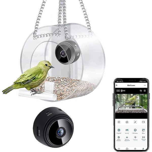 Smart fuglefoder med kamera, fuglekamera med kæde til udendørs ophængning, HD 1080p nat-version videokamera
