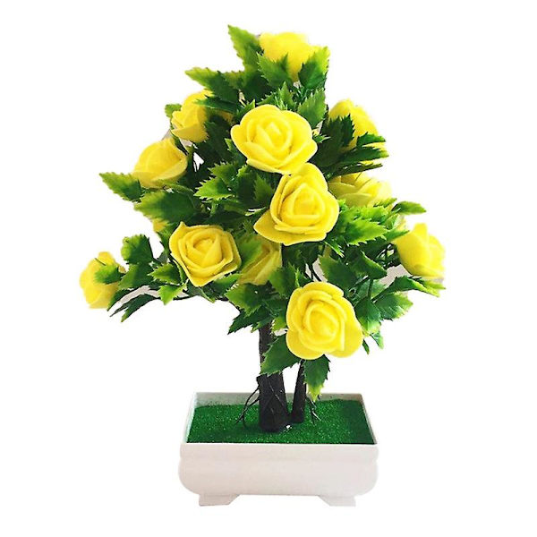 Konstgjord blomma växt ros krukväxt bonsai kontor trädgård skrivbord prydnad dekor (gul)