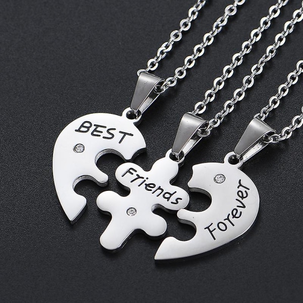 Rustfrit stål sæt af 3 stk. Best Friends Forever Friendship Heart Puzzle Pendant halskæde, sølv, guld, sort