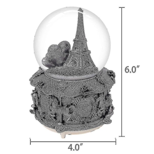 Paris Eiffeltårnet Snow Globe spilledåse med automatisk snefald og farverige lys, 100 mm 6" høj JU