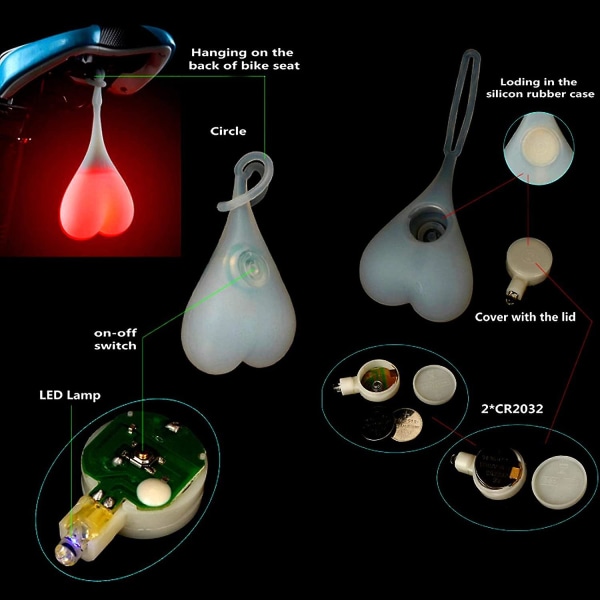 Sydämenmuotoiset kevyet silikonipallot Pyörän pyörän takavalo LED-varoitusvalot Yö vedenpitävä vuokraus Istuinlamppu Muna, Punainen valo