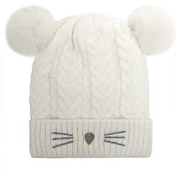 Stickad Katt-Vinterbollmössa för Småbarn, Beanie, Broderad, Varm, Bomullsull, Barnmössa