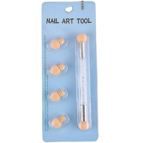 Dobbelthodet svampblandingsbørsteapplikator med 4 erstatningshoder Nail Art Rendering Tool (Hvit)