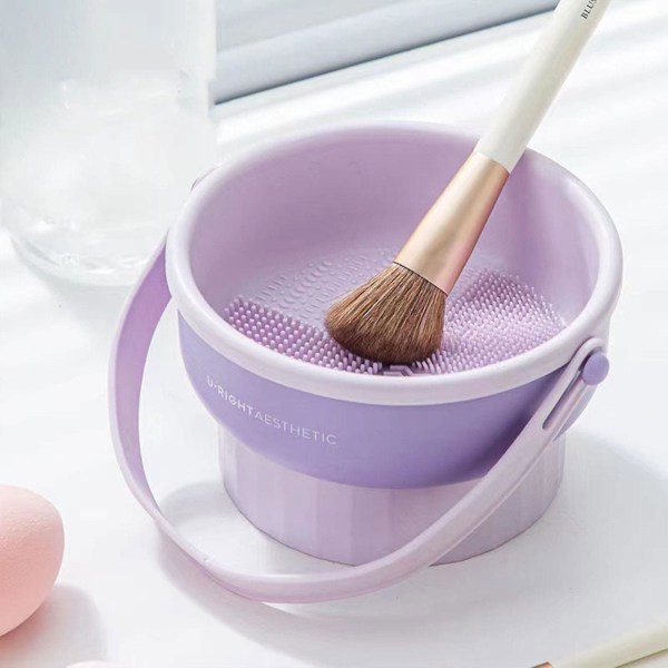 2 in 1 -meikkiharjan puhdistuskulho, silikoniharjan puhdistustyyny, kosmeettisen harjan puhdistusaine pidikkeellä (violetti)
