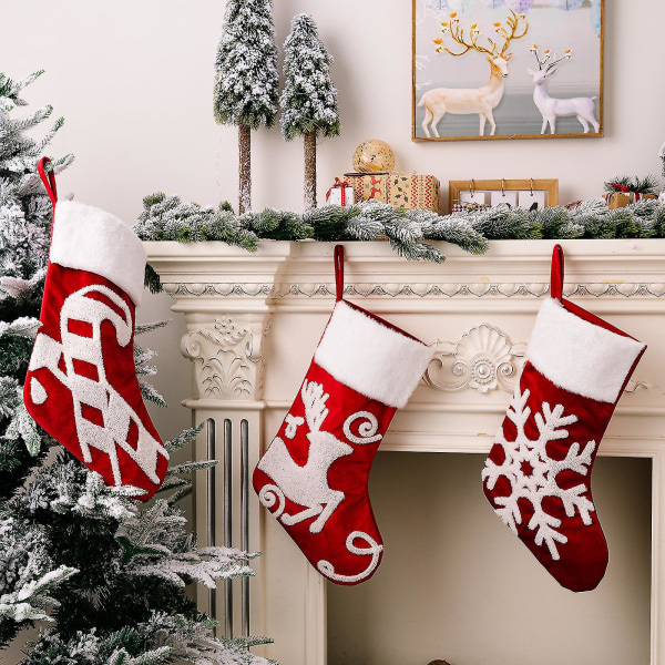 Julestrømper trykt rød hængende julesok hvid manchet til juledekoration（Snefnug）