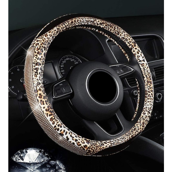 Diamant Rattmuff med Bling Rhinestones Leopardmönster Läder Universell Passform 15 Tums Bilratt