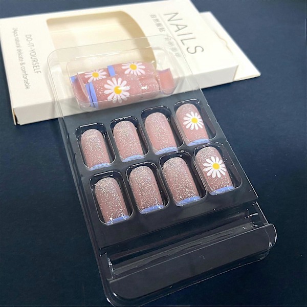Sommarpress-on-naglar Medium Square Falska Naglar Blå Fransk Spets Glitter Naken Falska Naglar med Vit Prästkrage Design Återanvändbara Artificiella Naglar