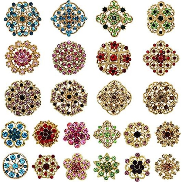 WABJTAM Lot 24pc Blandede farver Rhinestone Crystal Flower Brocher Pins
