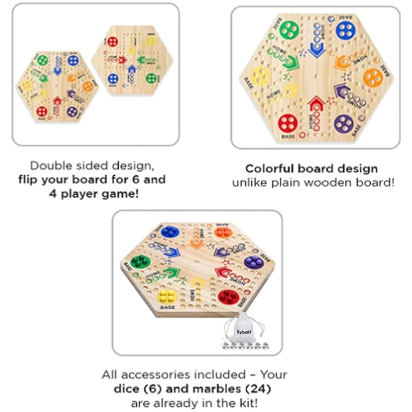 Spillebrætspil Dobbeltsidet malet træ Fast Track-brætspil til 6 og 4 spillere
