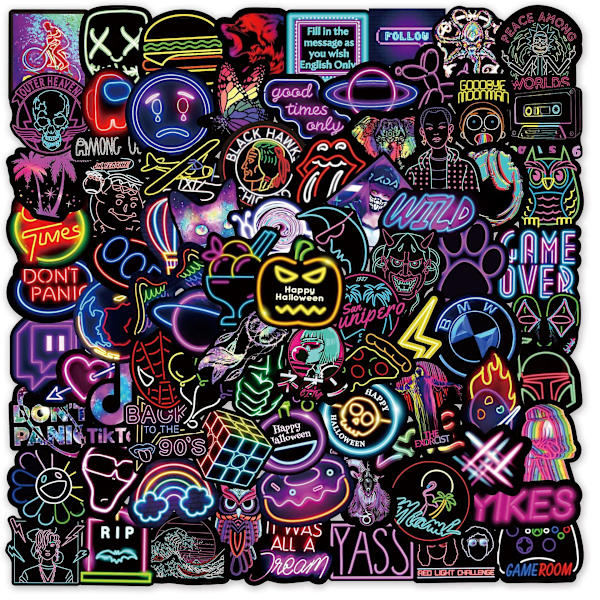 GHYT Neon Style Stickers 100 stk. Vandtætte Vinyl Stickers Decals Neon Lys Laptop Stickers til Vandflaske Telefon Computer Bagage Guitar Badeværelse