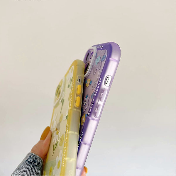 Söt Blommig Färgglad Kameralinsskydd Transparent Mjuk iPhone-fodral för Kvinnor Flickor (Gul, iPhone 13 Pro)