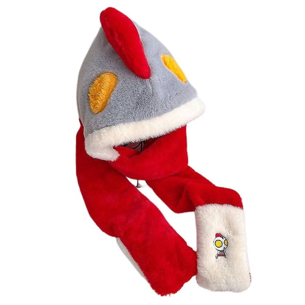 Ultraman Plysch Furry Huva Halsduk Handskar Barn Pojkar Winter Warm 3 i 1 fleece tecknad cap（röd）