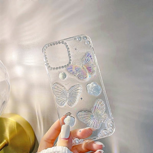 iPhone 13 Pro Skal Söt Fjäril Blomma Pärla 4D Glimmande Glitter Spark Lyxig Flickig Estetisk Personlig Transparent Epoxy TPU Skal