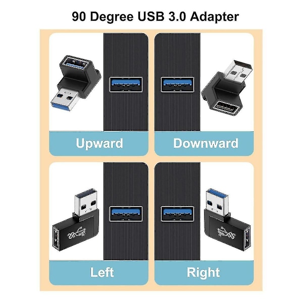 4-pack USB 3.0-adapter, vertikal uppåt och nedåt vinkel, horisontell vänster och höger vinkel, USB hane till hona luolv