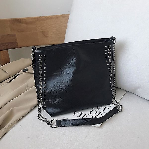 GHYT Naisten ämpäri olkalaukku PU nahkainen ketjulaukku Retro Messenger, 1 kpl - MUSTA
