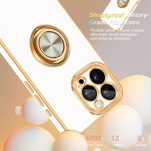 iPhone 15 Pro Skal [med 360° Rotationsbart Ringhållare Stativ][Stödjer Magnetisk Bilhållare][Blank Plätering Guld] Mjuk TPU Stötskyddande Skal Vit