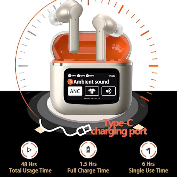 Bluetooth Hodetelefoner HiFi Stereo, LED Smart Touchskjerm Ørepropper, ANC Støydempende Ørepropper med Mikrofon, In-Ear Øretelefoner for iOS/Android (champagne)