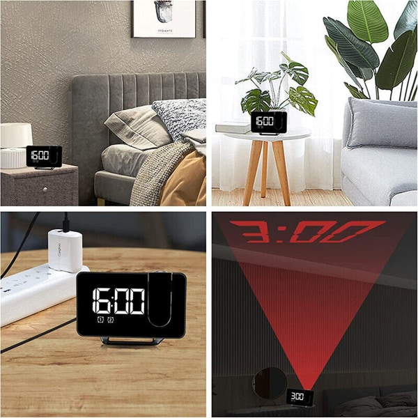 6-tums projektionsväckarklocka med snooze, digital LED-display, dubbel väckarklocka, FM-radio, fot